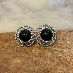Vintage earrings, silver filigree and black, converted to post from clip-on.